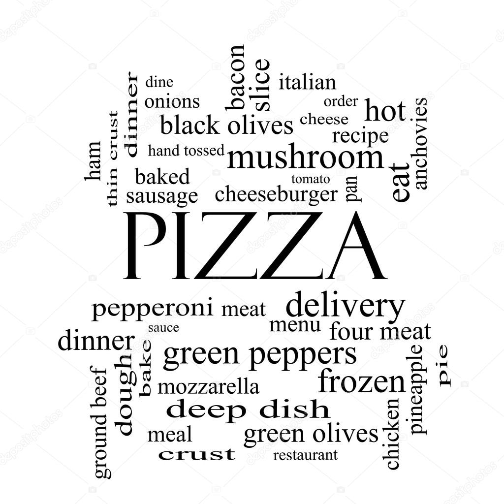 Pizza Word Cloud Concept in black and white
