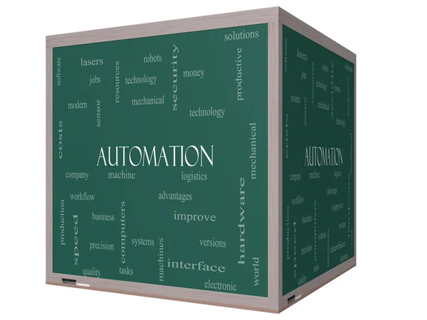 Automatisering woord wolk concept op een 3D-kubus schoolbord — Stockfoto