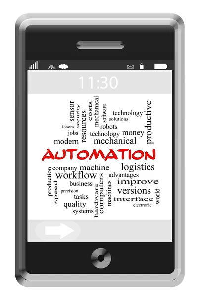 Automatización Word Cloud Concept en la pantalla táctil del teléfono —  Fotos de Stock