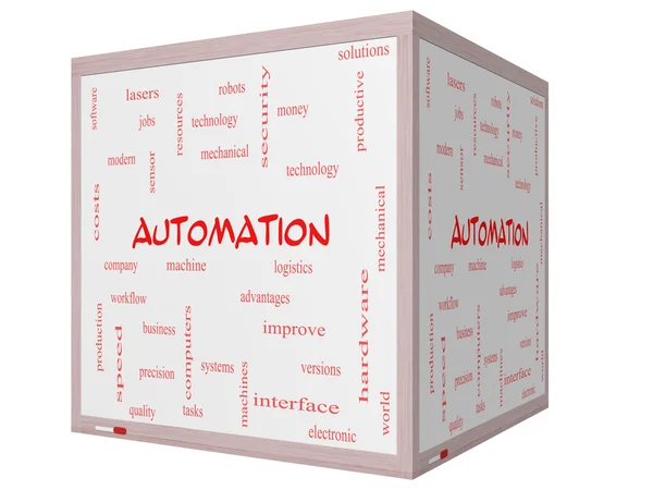 Automation Word Cloud Concept on a 3D cube Whiteboard — Stock Photo, Image