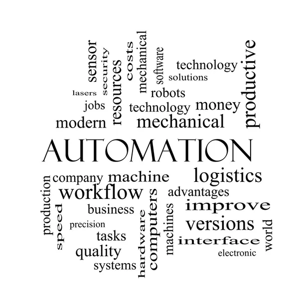 Automatización Word Cloud Concept en blanco y negro —  Fotos de Stock