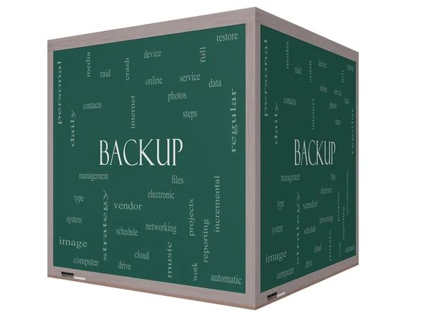 Backup Word Cloud Concept on a 3D cube Blackboard — Stock Photo, Image