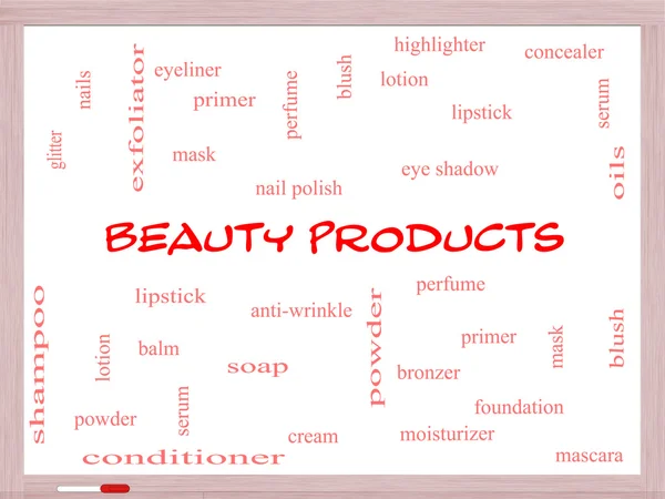 Productos de belleza Word Cloud Concept en una pizarra blanca — Foto de Stock