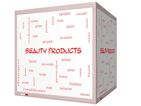 Produits de beauté Word Cloud Concept sur un tableau blanc de cube 3D — Photo