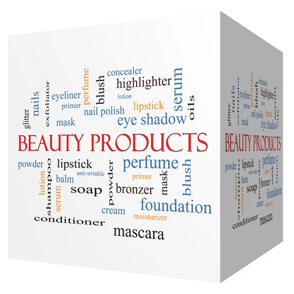 Beleza produtos 3D cubo Word Cloud Concept — Fotografia de Stock