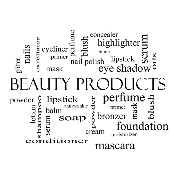 Szépségápolási termékek szó felhő fogalmát a fekete-fehér — Stock Fotó