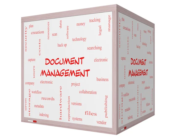 Dokumentenmanagement-Word-Cloud-Konzept auf einem 3D-Würfel-Whiteboard — Stockfoto