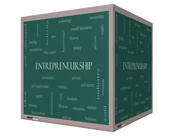 Entrepreneurship Word Cloud Konzept auf einer 3D-Tafel — Stockfoto