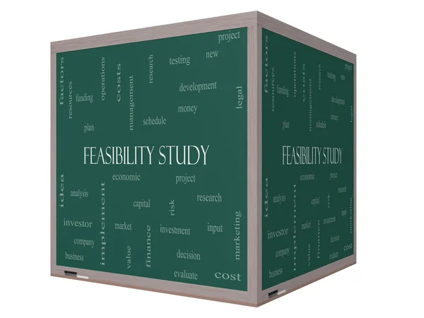 Estudio de factibilidad Word Cloud Concept en una pizarra de cubo 3D — Foto de Stock