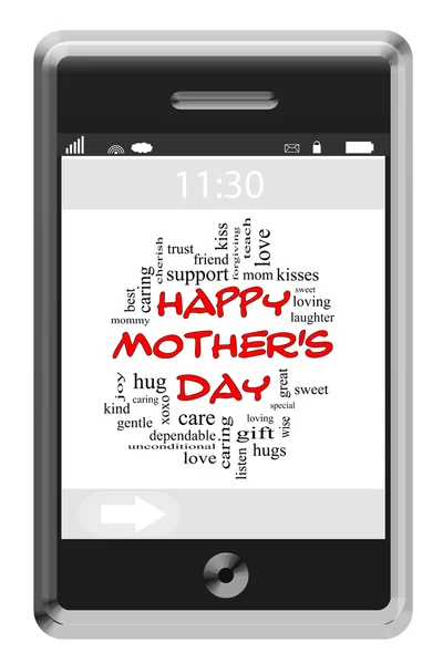 Feliz Dia das Mães Palavra Nuvem Conceito no Touchscreen Telefone — Fotografia de Stock