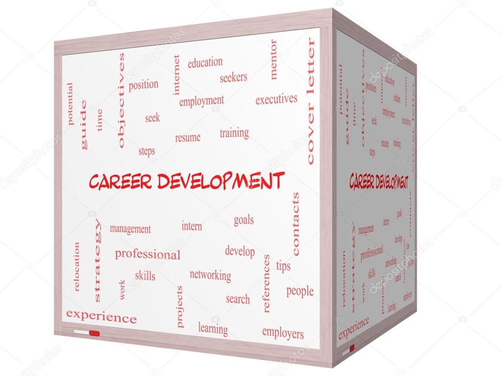 Career Development Word Cloud Concept on a 3D cube Whiteboard