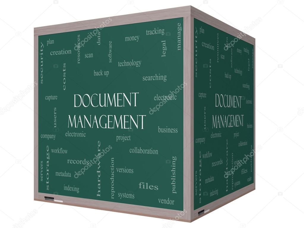 Document Management Word Cloud Concept on a 3D Blackboard