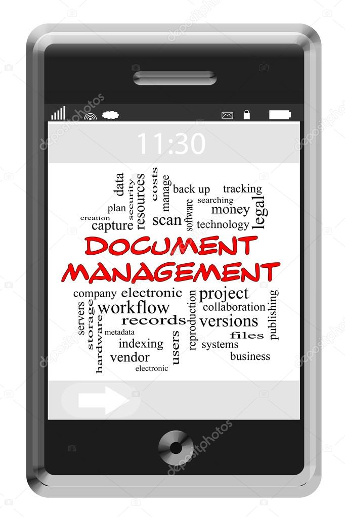 Document Management Word Cloud Concept on Touchscreen Phone