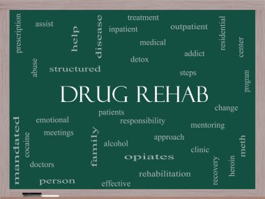Drug Rehab Word Cloud Concept on a Blackboard clipart