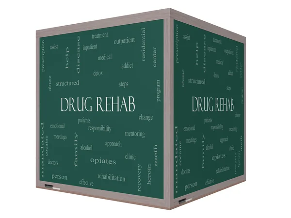 Drug rehab woord wolk concept op een 3D-kubus schoolbord — Stockfoto