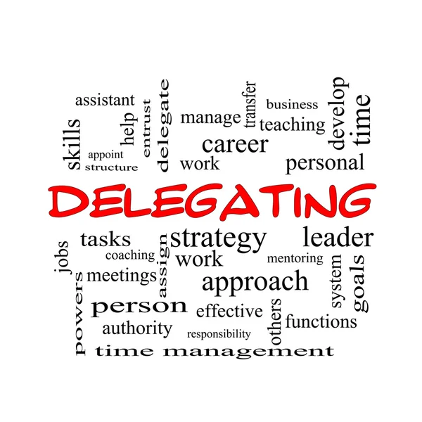 Delegating Word Cloud Concept in red caps — Stock Photo, Image