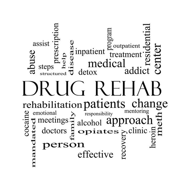 Rehabilitación de drogas Word Cloud Concept en blanco y negro — Foto de Stock