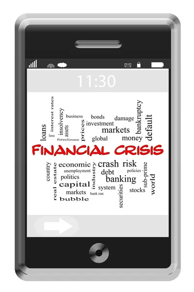 Financial Crisis Word Cloud Concept on Touchscreen Phone — Stock Photo, Image