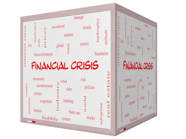 Financial Crisis Word Cloud Concept em um quadro branco de cubo 3D — Fotografia de Stock