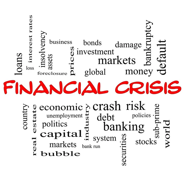 Financial Crisis Word Cloud Concept em bonés vermelhos — Fotografia de Stock