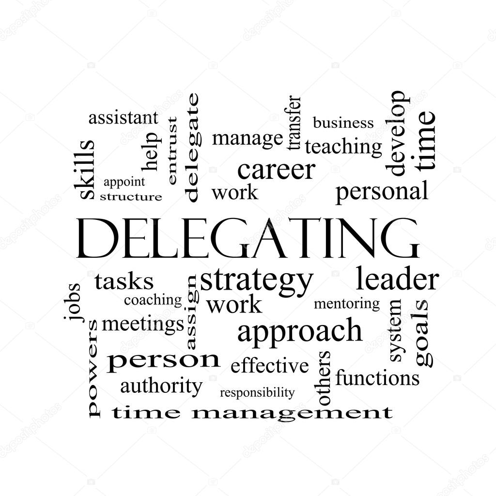 Delegating Word Cloud Concept in black and white
