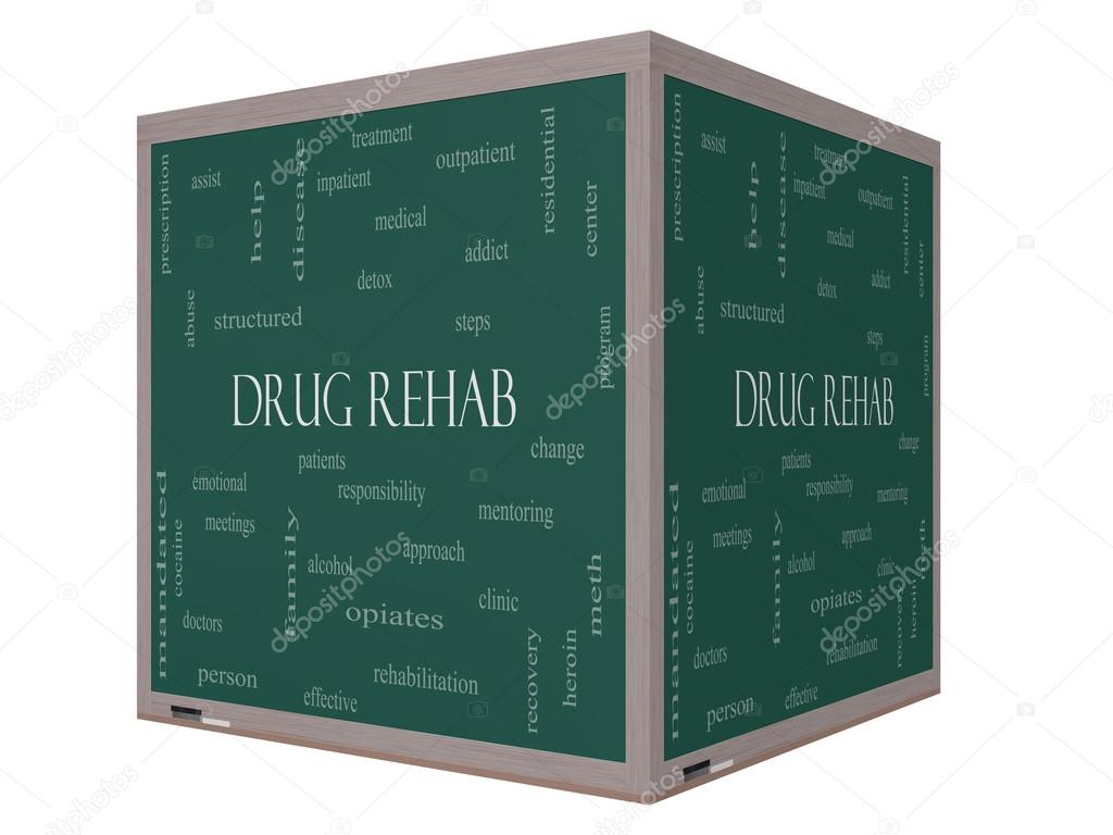 Drug Rehab Word Cloud Concept on a 3D cube Blackboard