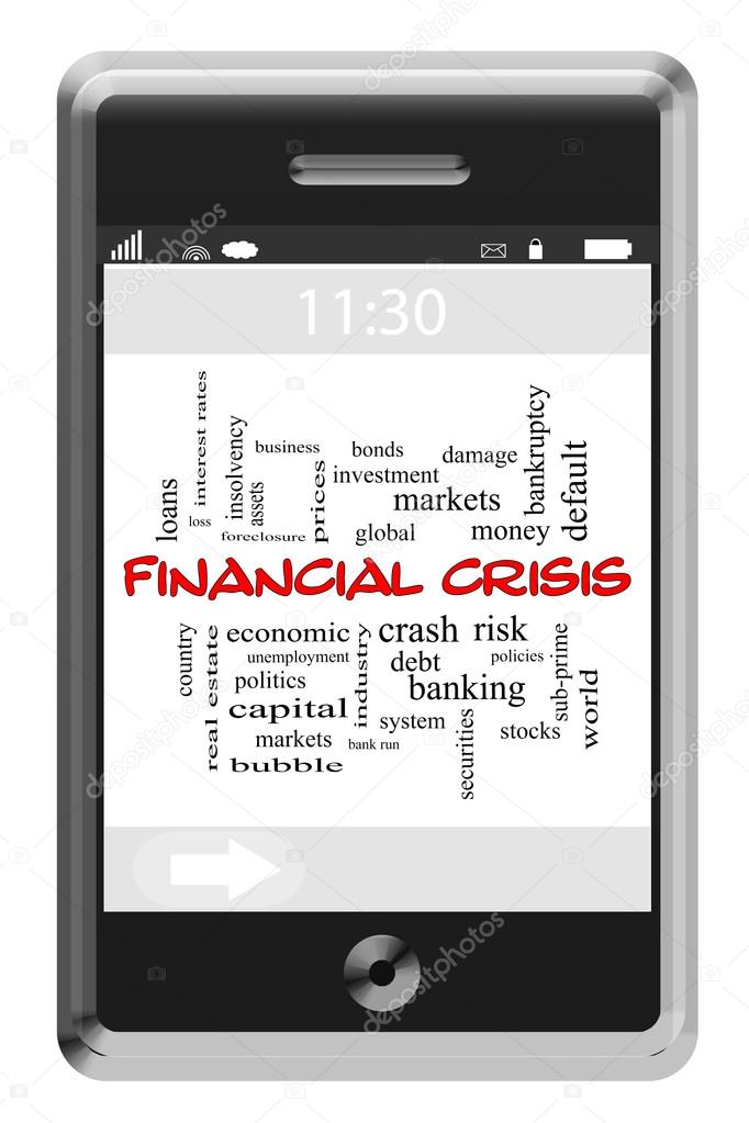 Financial Crisis Word Cloud Concept on Touchscreen Phone