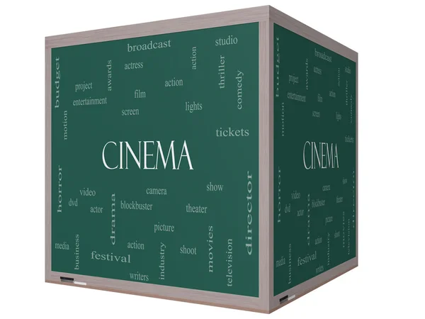 Cinéma Word Cloud Concept sur un tableau noir cube 3D — Photo
