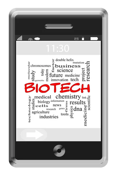 Biotech Word Cloud Concept en pantalla táctil Teléfono —  Fotos de Stock