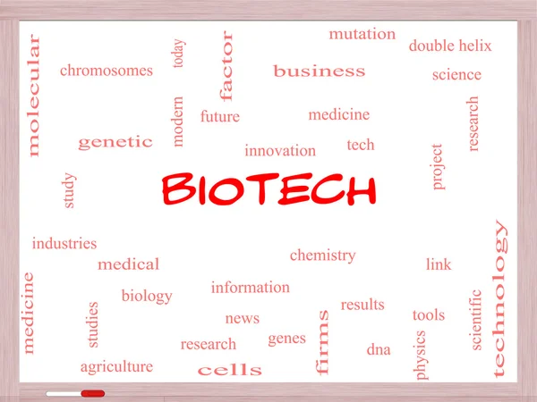 Conceito de nuvem de palavras biotecnológicas em um quadro branco — Fotografia de Stock