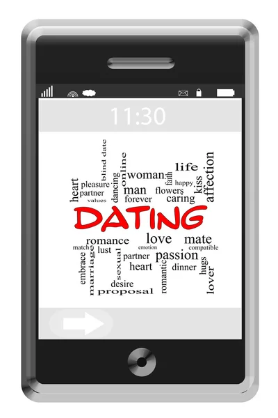 Dating woord wolk concept op touchscreen telefoon — Stockfoto