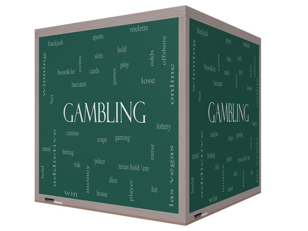 Gambling Word Cloud Concept on a 3D cube Blackboard