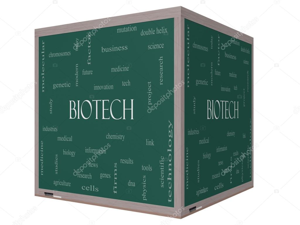 Biotech Word Cloud Concept on a 3D cube Blackboard