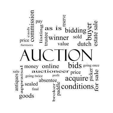 Auction Word Cloud Concept in black and white clipart