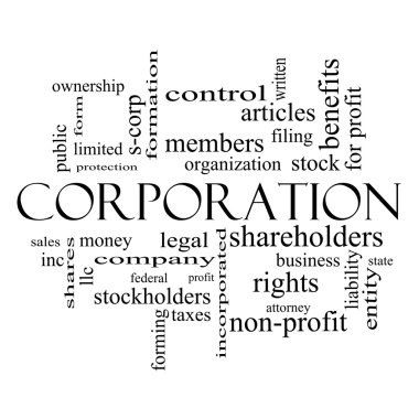 Corporation Word Cloud Concept in black and white clipart