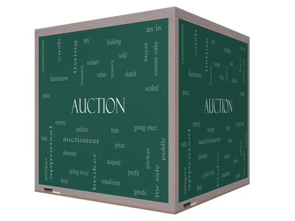 Auction Word Cloud Concept on a 3D cube Blackboard — Stock Photo, Image