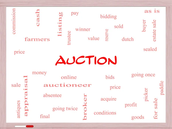 Ventes aux enchères Word Cloud Concept sur un tableau blanc — Photo