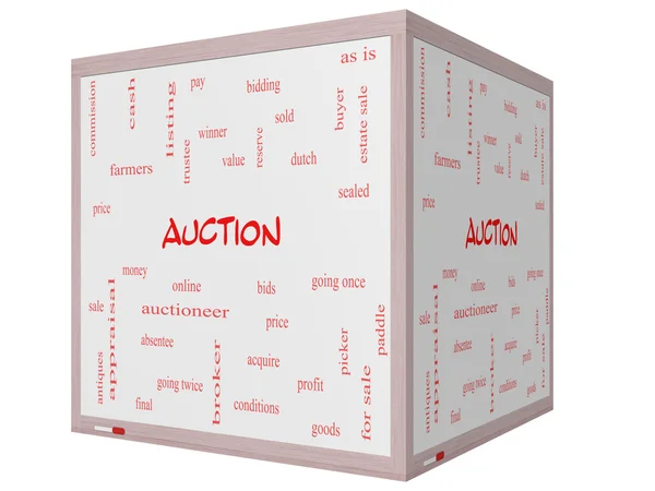 Auktion Word Cloud Concept på en 3D terning Whiteboard - Stock-foto