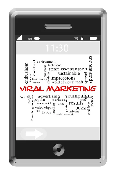 Концепция вирусного маркетинга Word Cloud на сенсорном экране телефона — стоковое фото