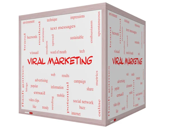 Virale marketing woord wolk concept op een 3d cube whiteboard — Stockfoto