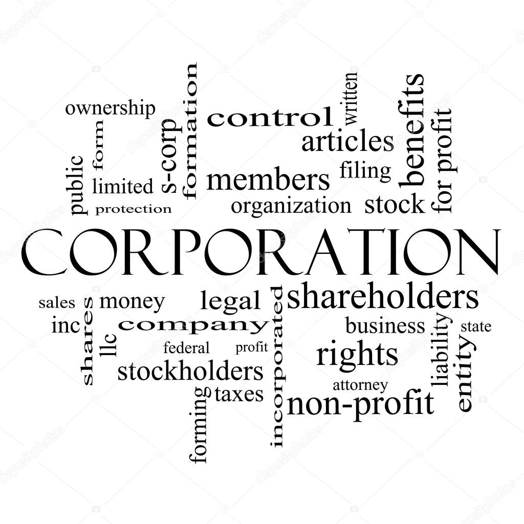 Corporation Word Cloud Concept in black and white