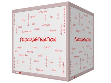Procrastination Word Cloud Concept on a 3D cube Whiteboard clipart