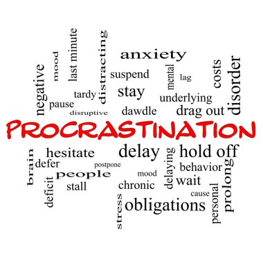 Procrastination Word Cloud Concept in red caps clipart