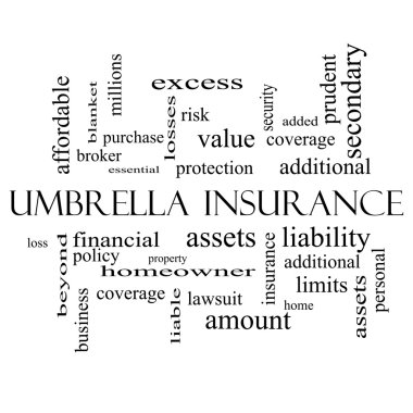 Umbrella sigorta kelime bulutu kavramı siyah beyaz