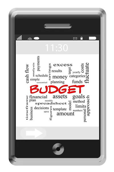 Concetto di Word Cloud economico sul telefono touchscreen — Foto Stock