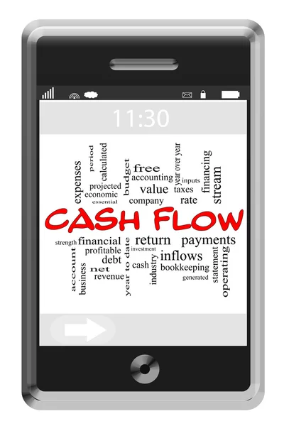 Cash Flow Word Cloud Concept pe telefonul cu ecran tactil — Fotografie, imagine de stoc