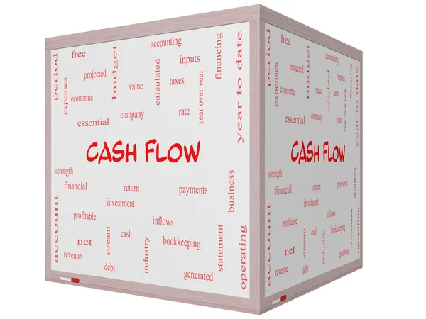 Cash-flow woord wolk concept op een 3d cube whiteboard — Stockfoto