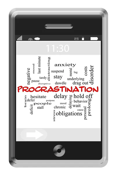 Procrastinación Concepto de nube de palabras en el teléfono con pantalla táctil — Foto de Stock