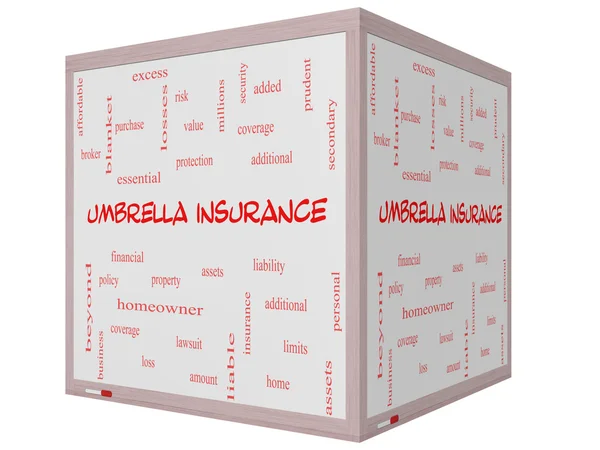 Parapluie Assurance Word Cloud Concept sur un tableau blanc cube 3D — Photo