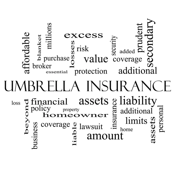 Konsep Asuransi Kata Awan Umbrella dalam warna hitam dan putih — Stok Foto